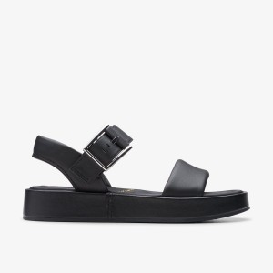 Clarks ALDA STRAP Black Leather Platform Sko Dame Sort | KIPRW-0371