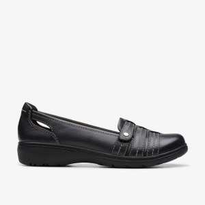 Clarks Carleigh Eliza Black Leather Slip Ons Dame Sort | XDUIY-2537