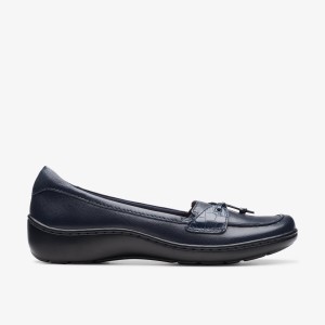 Clarks Cora Haley Navy Leather Slip Ons Dame Mørkeblå | GEWHL-0543