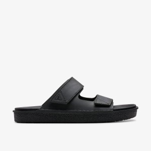 Clarks Litton Strap Black Leather Sandaler Herre Sort | YPNEV-7264