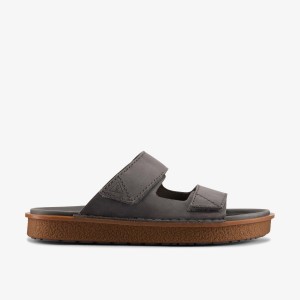 Clarks Litton Strap Dark Grey Leather Sandaler Herre Mørkegrå | DJYEO-6928