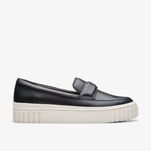 Clarks Mayhill Cove Black Leather Slip Ons Dame Sort | DVRSY-9258