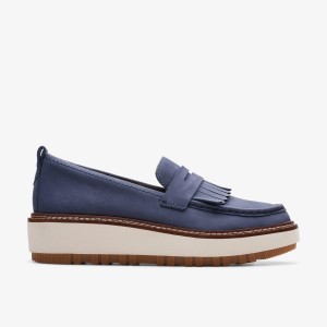 Clarks Orianna Loafer Navy Nubuck Platform Sko Dame Mørkeblå | GRZTF-5307