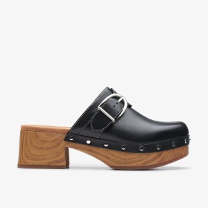 Clarks Sivanne Sun Black Leather Træsko Dame Sort | RLSXU-4273