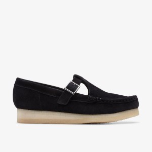 Clarks Wallabee T-Bar Black Suede Slip Ons Dame Sort | OXSLG-0574