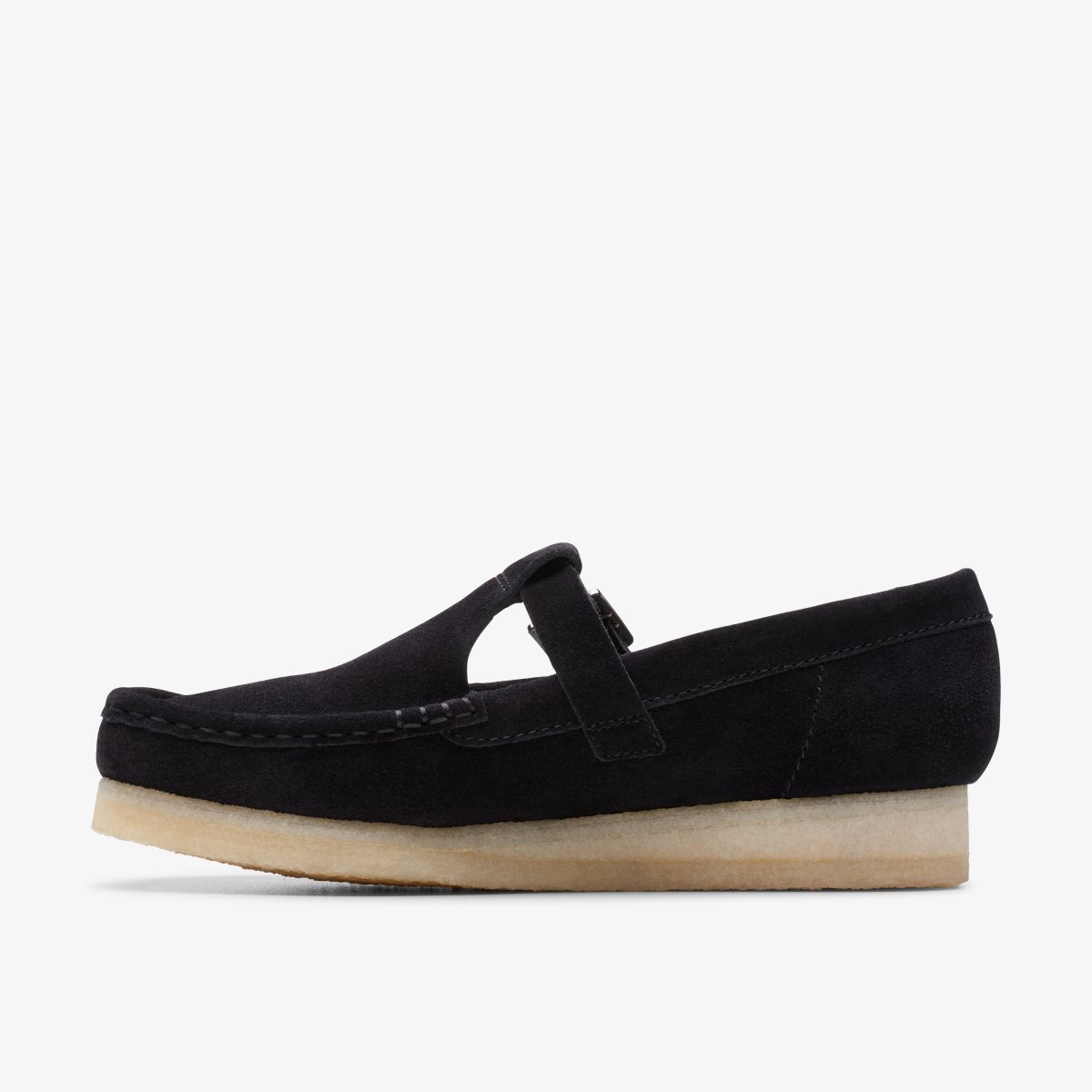 Clarks Wallabee T-Bar Black Suede Slip Ons Dame Sort | OXSLG-0574