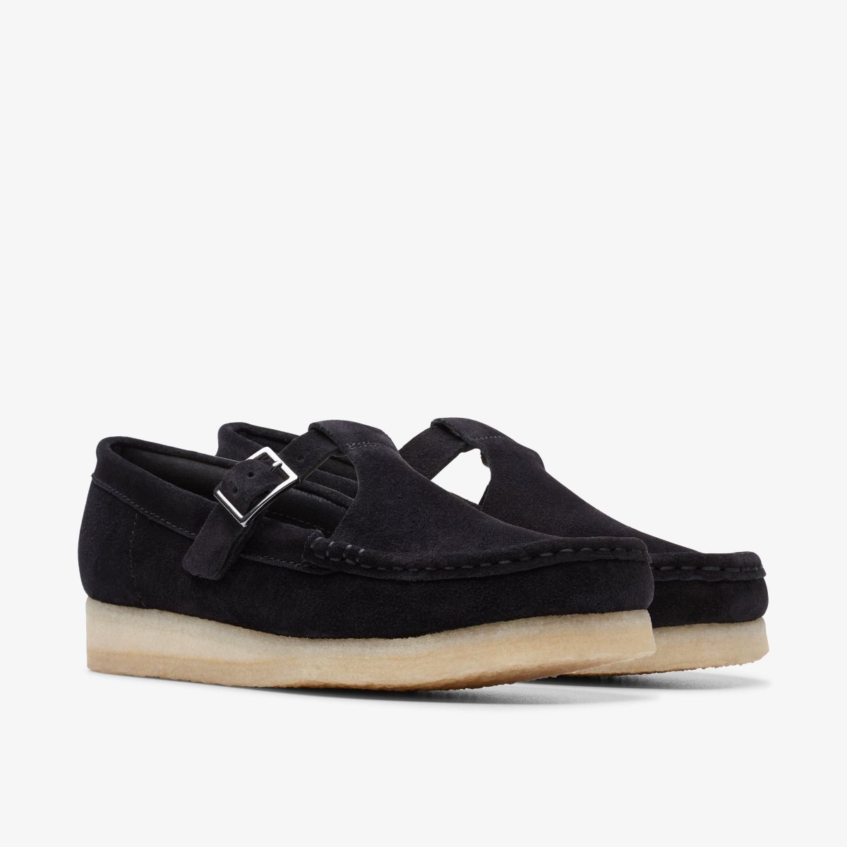 Clarks Wallabee T-Bar Black Suede Slip Ons Dame Sort | OXSLG-0574